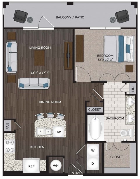 Floor plan for 1 bed, 1 bath, 759 sqft